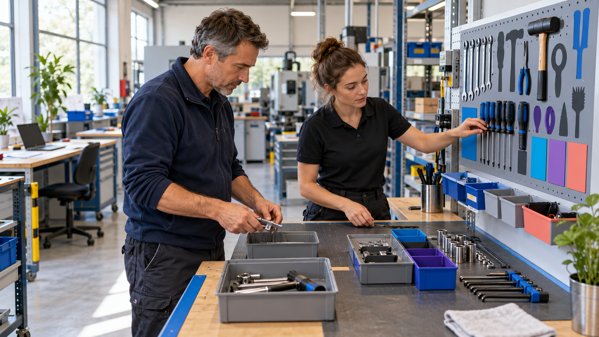 Qualitätsmanager und Produktionsfachkraft ordnen Werkzeuge nach der 5S-Methode am Arbeitsplatz