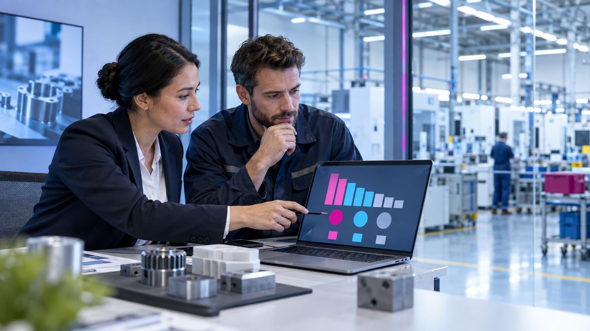 Einkäuferin und Produktionsplaner priorisieren Materialgruppen mit einer ABC-Analyse