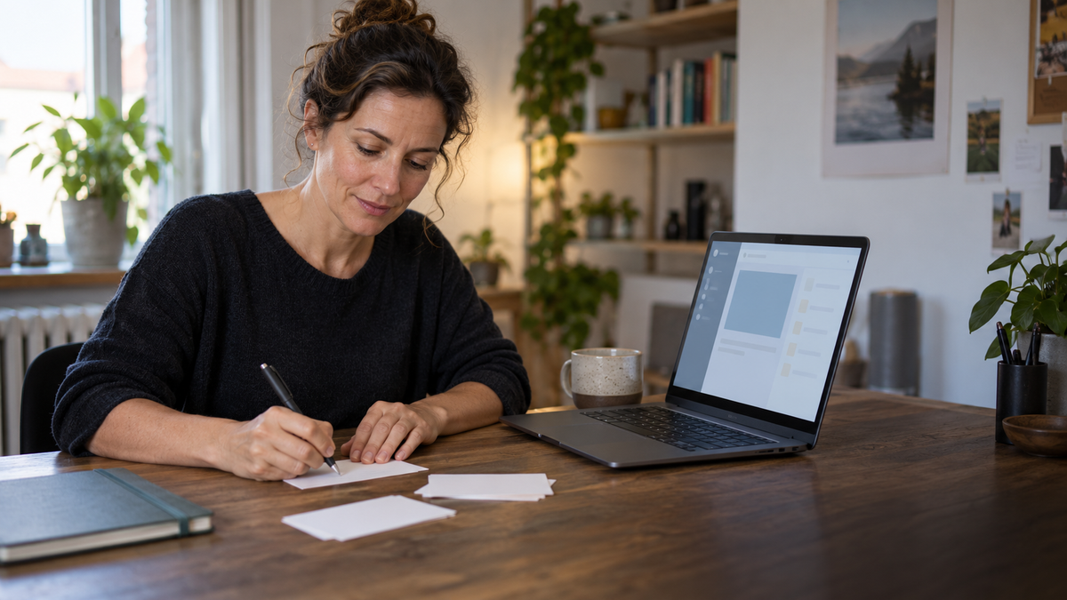 Berufstätige Teilnehmerin übt an einem Schreibtisch mit leeren Karteikarten und Laptop aktives Erinnern