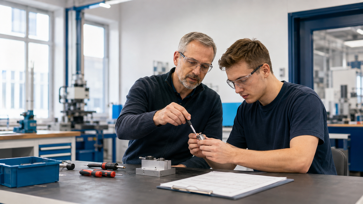 Ausbilder erklärt einem Auszubildenden einen Arbeitsschritt in einer technischen Lehrwerkstatt