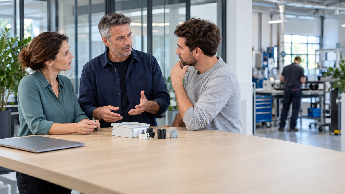 Drei berufserfahrene Fachleute besprechen an einem Stehtisch in einem modernen technischen Servicebetrieb die Organisation bestehender und neuer Aufgaben.