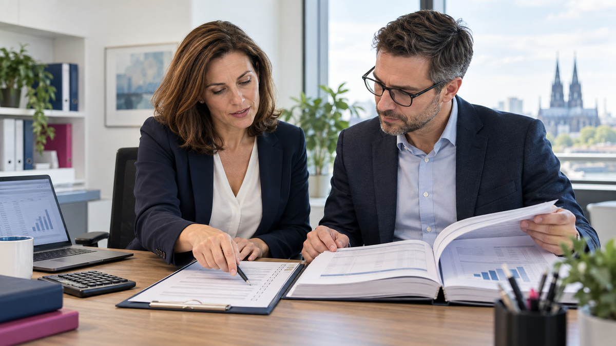 Zwei Fachkräfte prüfen Pflichtangaben für den Anhang zum Jahresabschluss