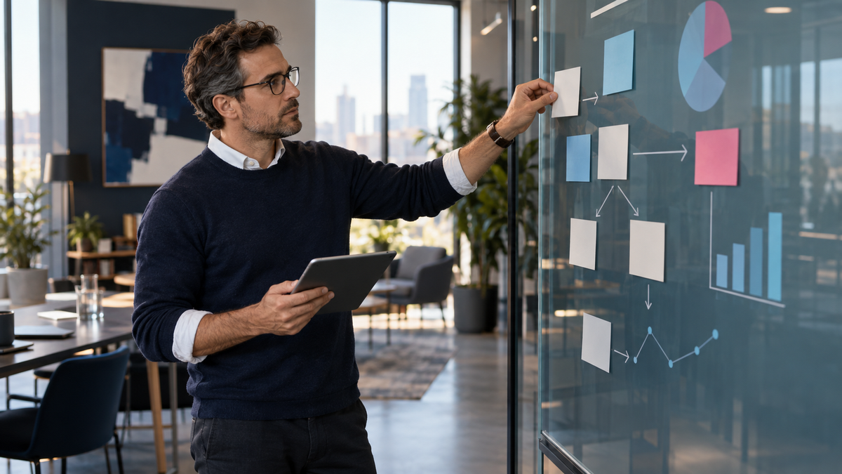 Berufserfahrener MBA-Student ordnet Belege und Gegenargumente für eine Managementempfehlung an einem Glasboard