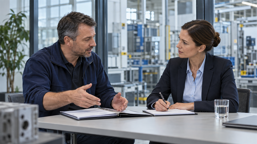 Qualitätsauditorin notiert Aussagen eines Prozessverantwortlichen während eines Audits in der Produktion