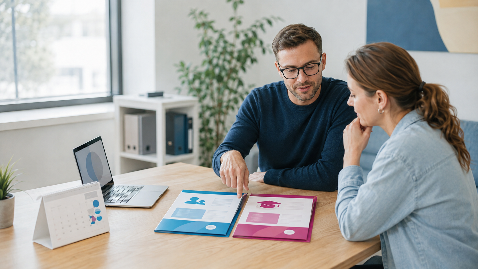 Berater und Interessentin vergleichen zwei Förderwege für Coaching und berufliche Weiterbildung
