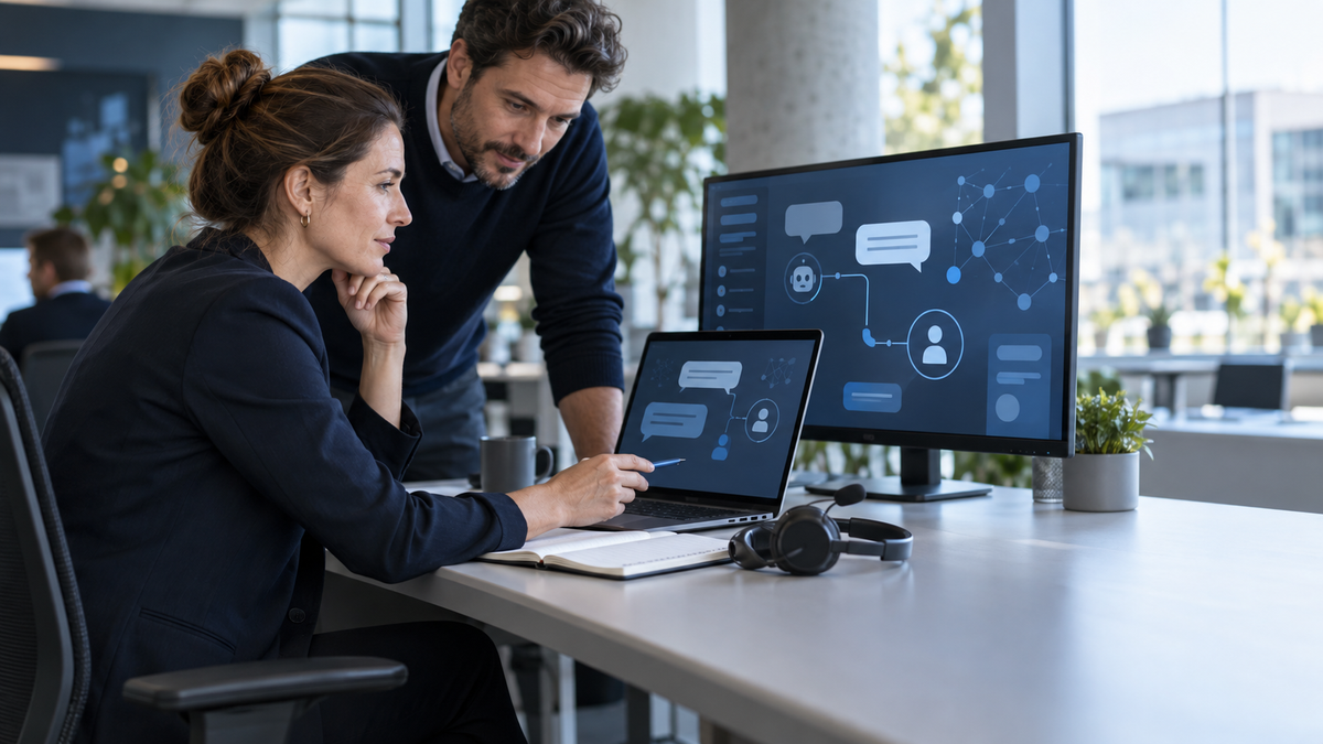 B2B-Team prüft einen KI-Chatbot und den Übergang an einen menschlichen Ansprechpartner