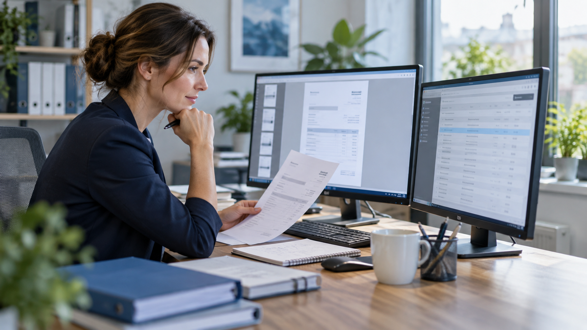Finanzbuchhalterin prüft einen digitalen Beleg und die zugehörige Buchung in einer DATEV-Lernumgebung