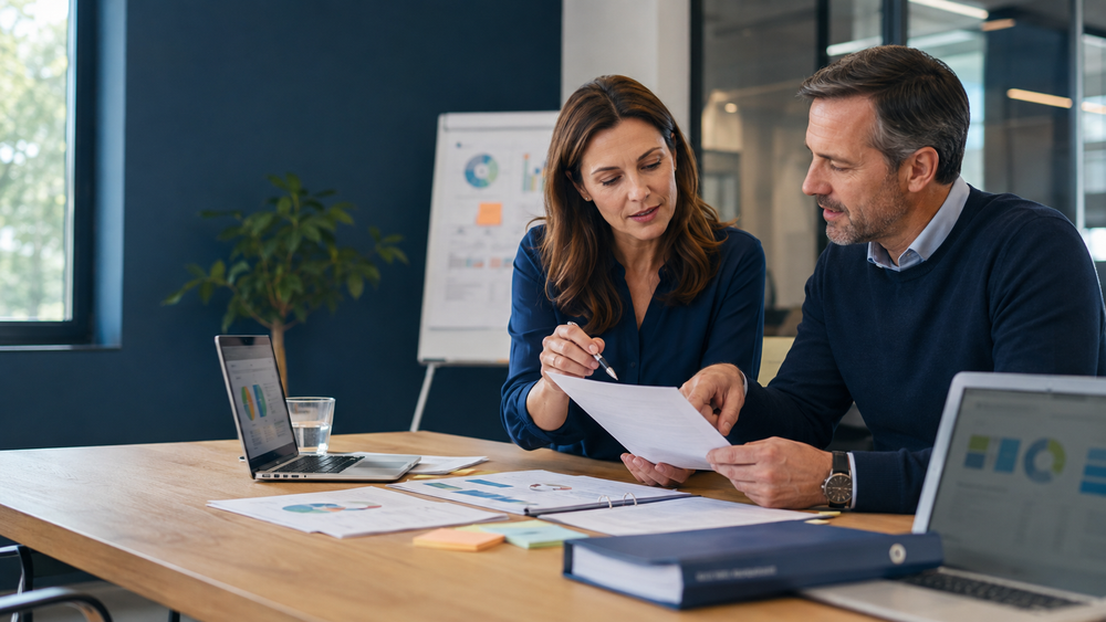 Qualitätsmanagerin und Kollege analysieren gemeinsam eine Kundenbeschwerde und planen Verbesserungsmaßnahmen