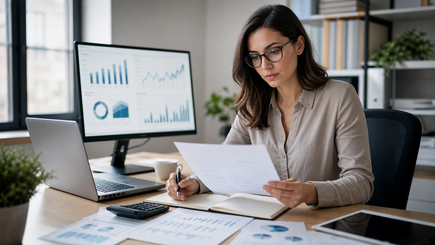 Bilanzbuchhalterin analysiert Finanzberichte und Kennzahlen im Büro