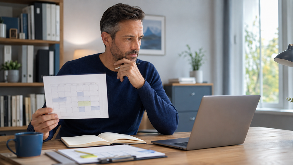 Berufstätiger plant am Laptop und mit Kalender eine berufliche Weiterbildung im Rahmen von Bildungsurlaub in NRW