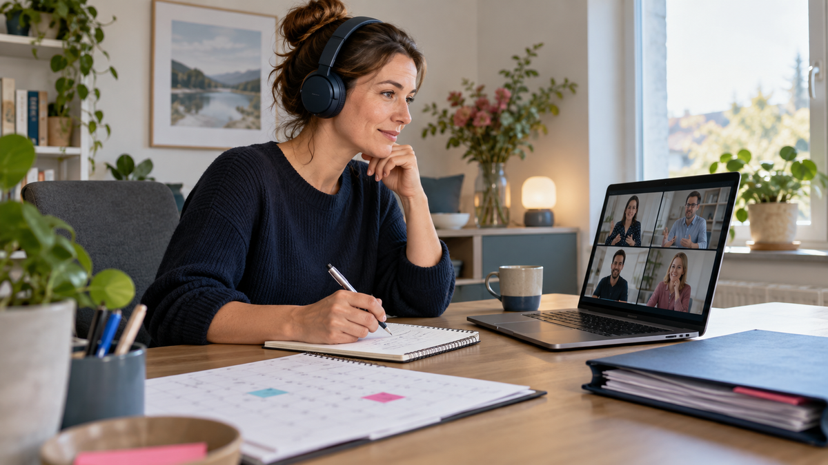 Berufstätige plant Bildungsurlaub für eine Online-Weiterbildung am Laptop