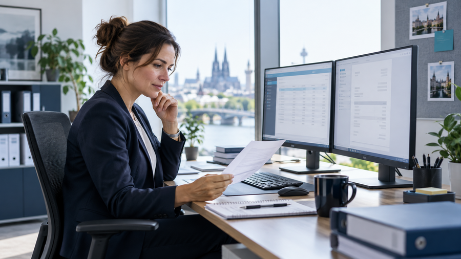 Finanzbuchhalterin prüft einen Beleg und digitale Buchungen an zwei Monitoren