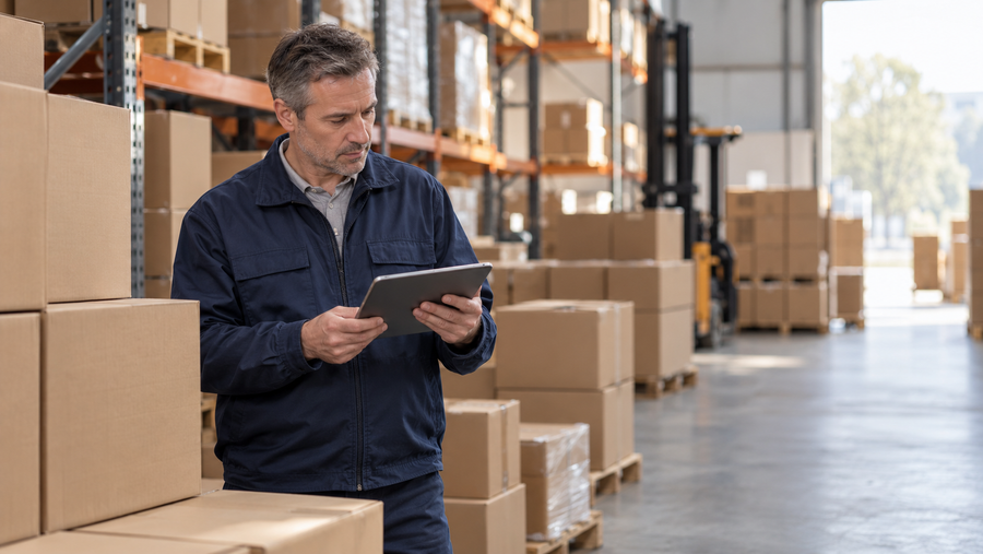 Berufserfahrener Logistikverantwortlicher prüft in einem modernen Lager Bestände und Bestellplanung mit einem Tablet.