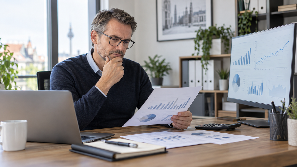 Berufserfahrener Controller analysiert betriebswirtschaftliche Auswertungen am Arbeitsplatz