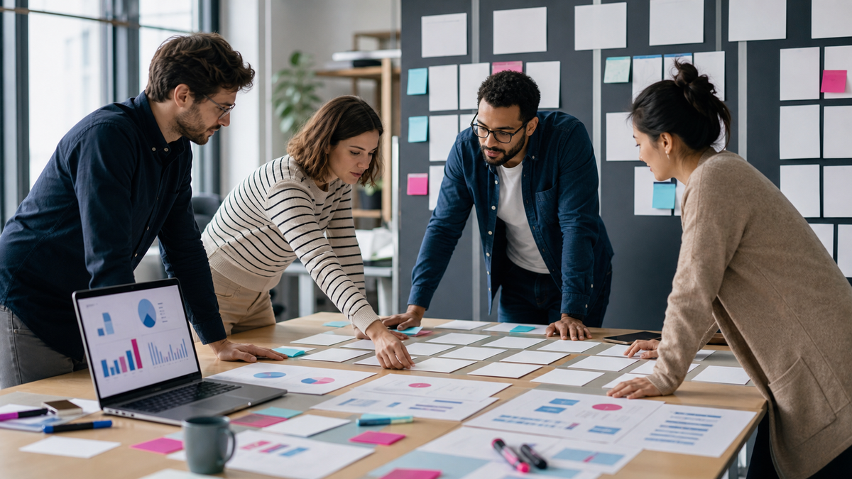 Marketingteam bewertet Website-Inhalte und priorisiert Maßnahmen für einen Content-Audit