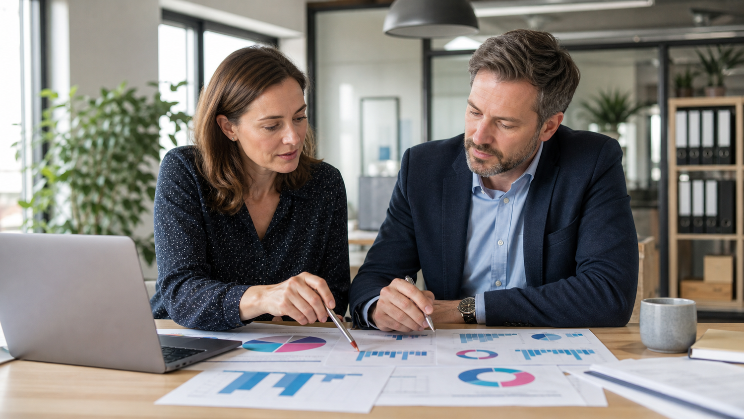 Controllerin und Führungskraft analysieren gemeinsam Budget, Forecast und Kennzahlen