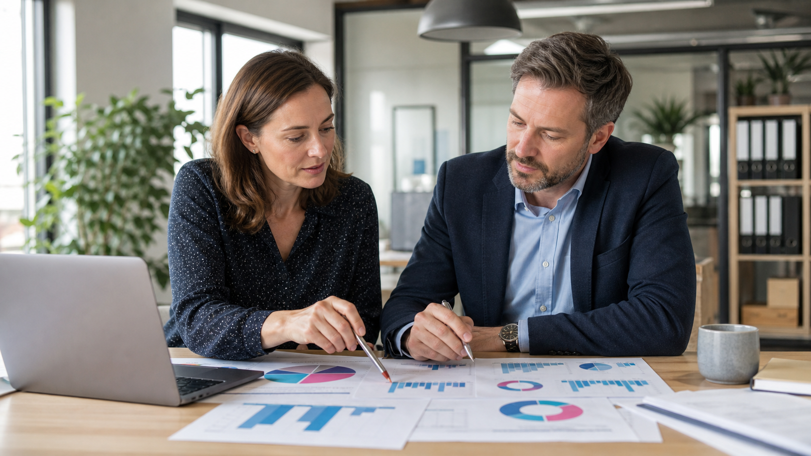 Controllerin und Führungskraft analysieren gemeinsam Budget, Forecast und Kennzahlen