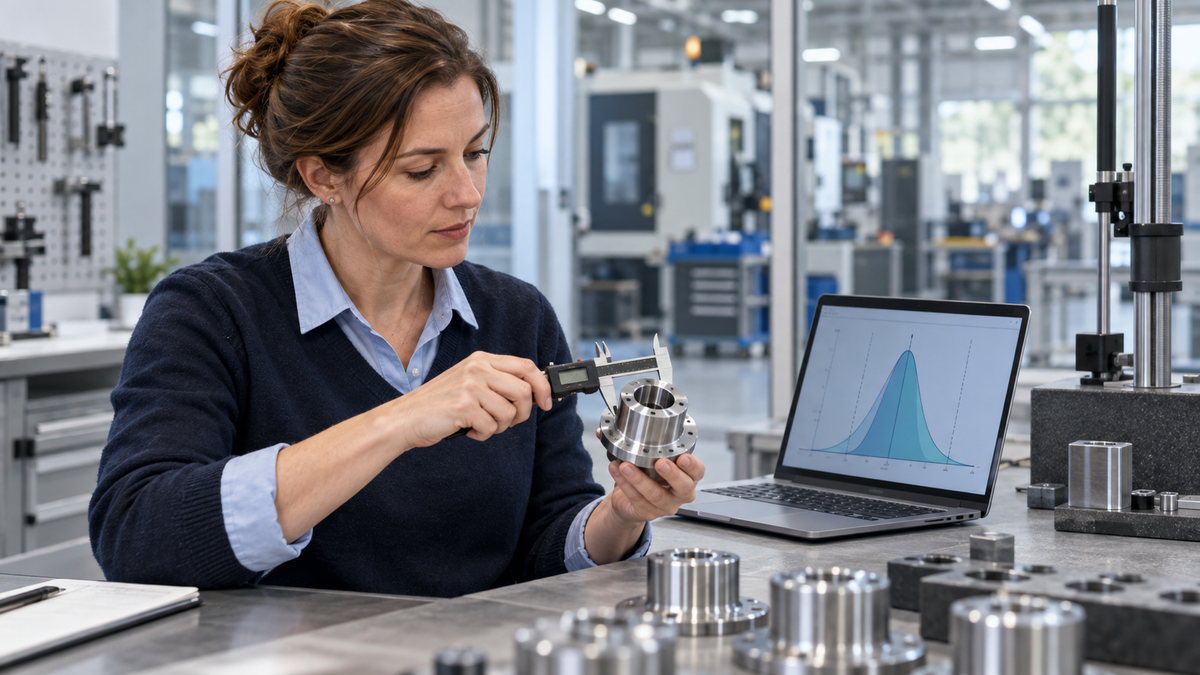 Qualitätsmanagerin misst ein Präzisionsbauteil und analysiert die Prozessfähigkeit