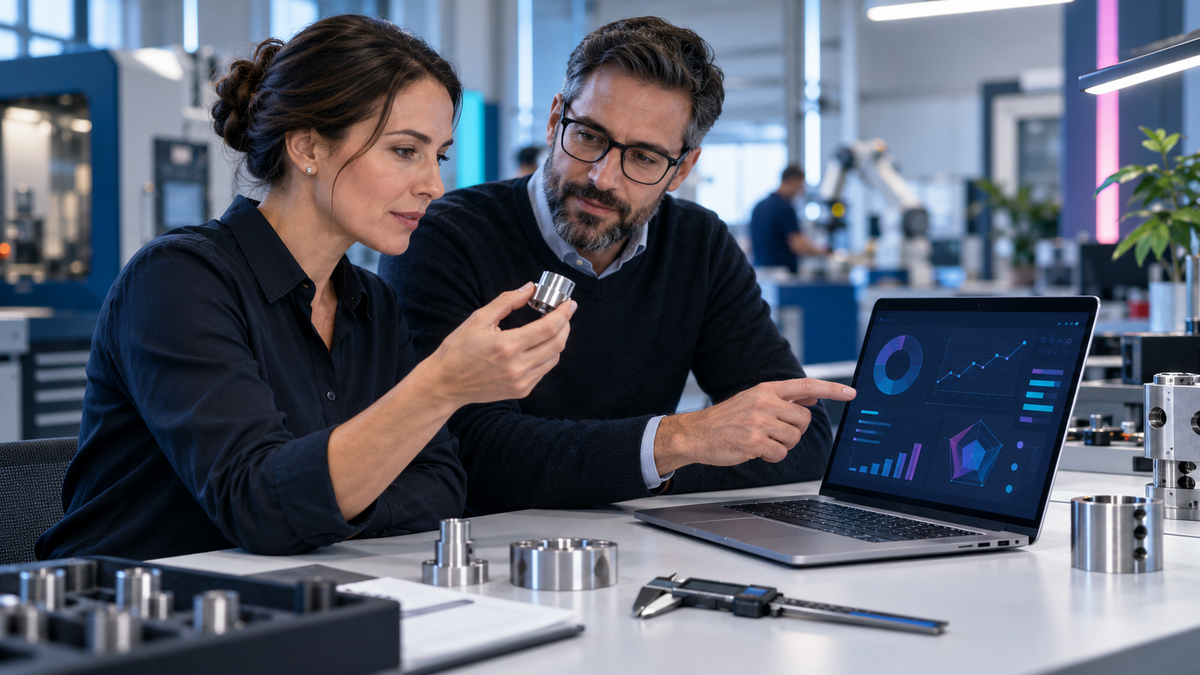 Qualitätsmanagerin und Kollege prüfen ein Präzisionsbauteil und Qualitätsdaten am Laptop
