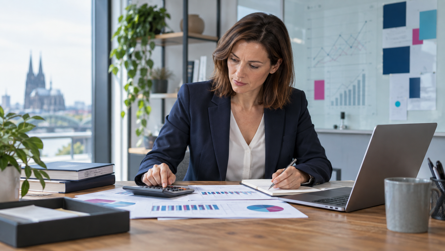 Eine Controllerin analysiert variable und fixe Kosten an einem modernen Arbeitsplatz