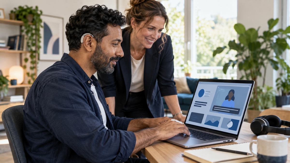 Teilnehmer mit Hörgerät und Tutorin beim gemeinsamen Arbeiten an einer barrierearmen digitalen Lernplattform
