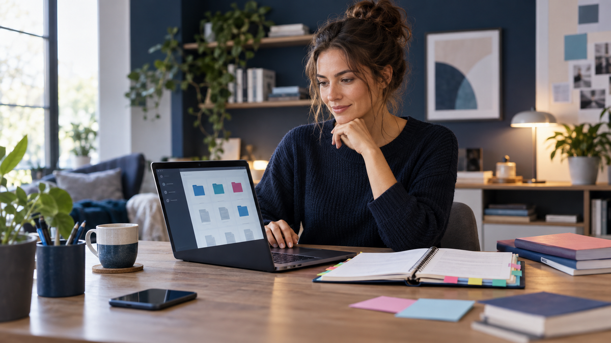 Teilnehmerin organisiert digitale Lernmaterialien am Laptop und in einem Notizbuch