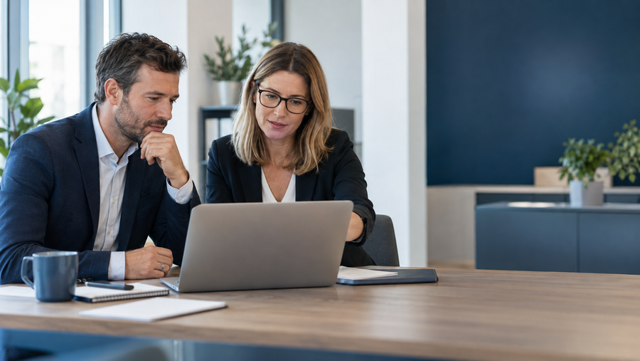 Zwei HR-Fachkräfte prüfen gemeinsam eine digitale Personalakte am Laptop