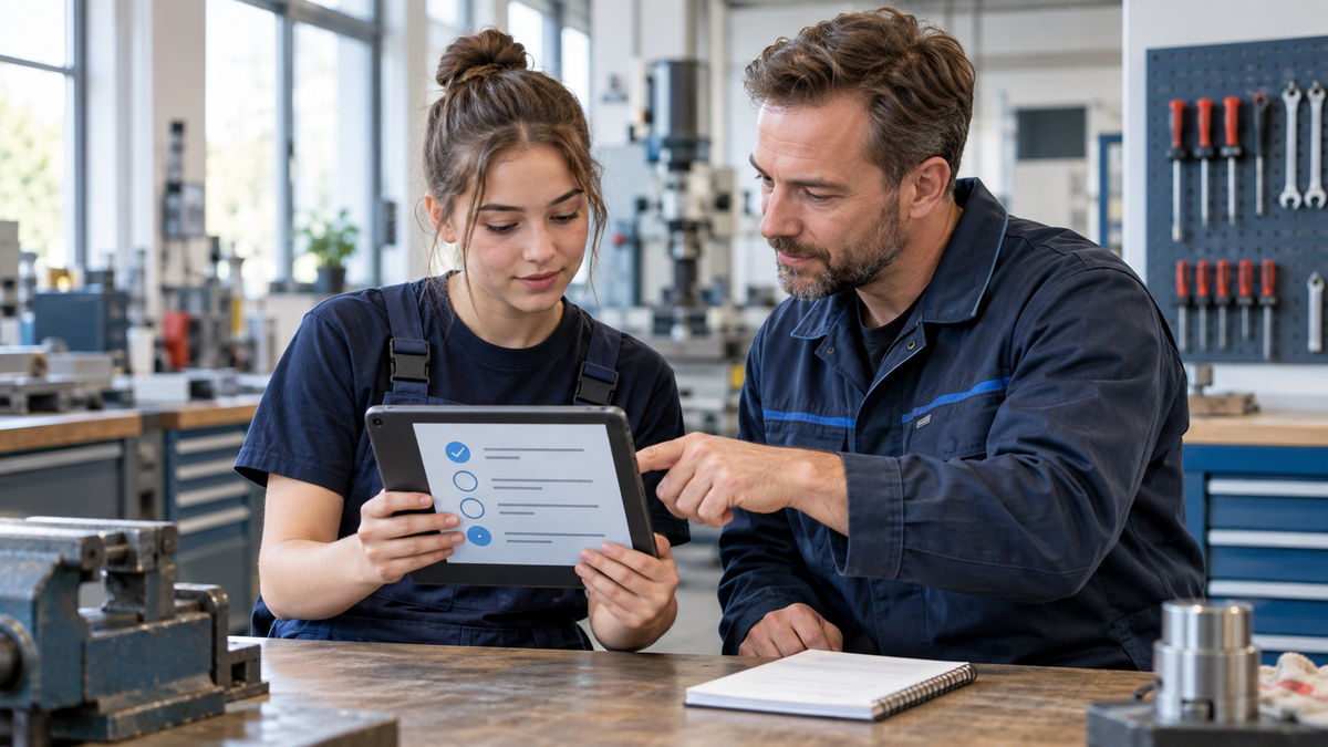 Auszubildende und Ausbilder prüfen gemeinsam ein digitales Berichtsheft auf einem Tablet in einer Werkstatt