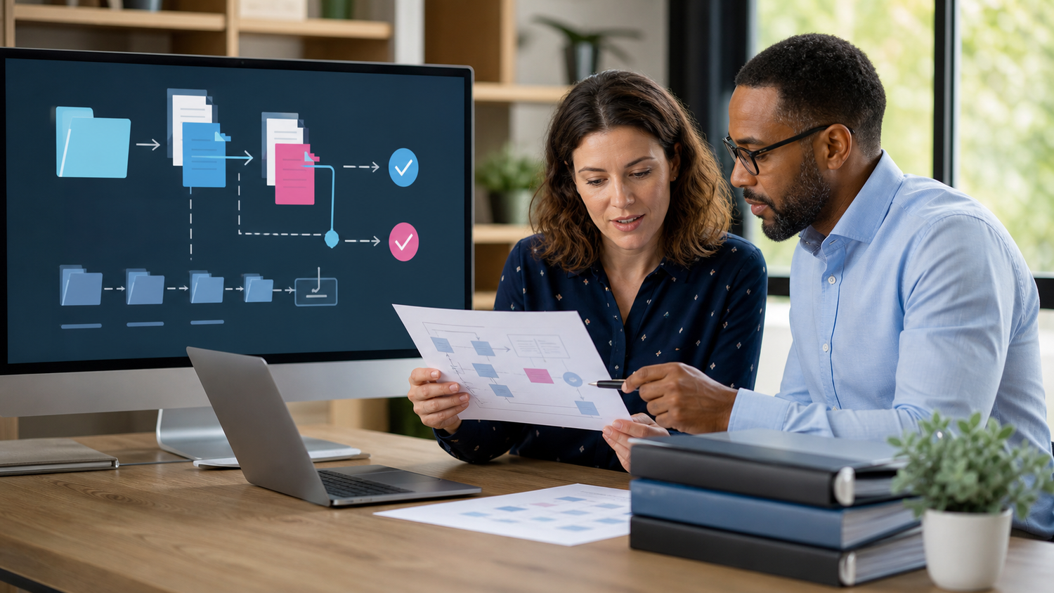 Qualitätsmanagement-Team vergleicht digitale und gedruckte Versionen eines Prozessdokuments