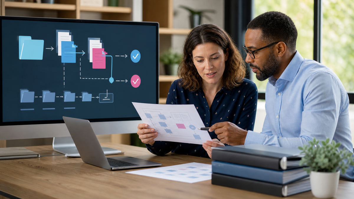 Qualitätsmanagement-Team vergleicht digitale und gedruckte Versionen eines Prozessdokuments