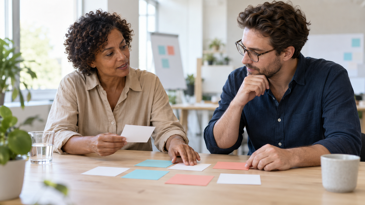Berufserfahrene Frau und Kollege entwickeln gemeinsam eine Workshop-Idee mit unbeschrifteten Übungskarten an einem hellen Arbeitstisch.
