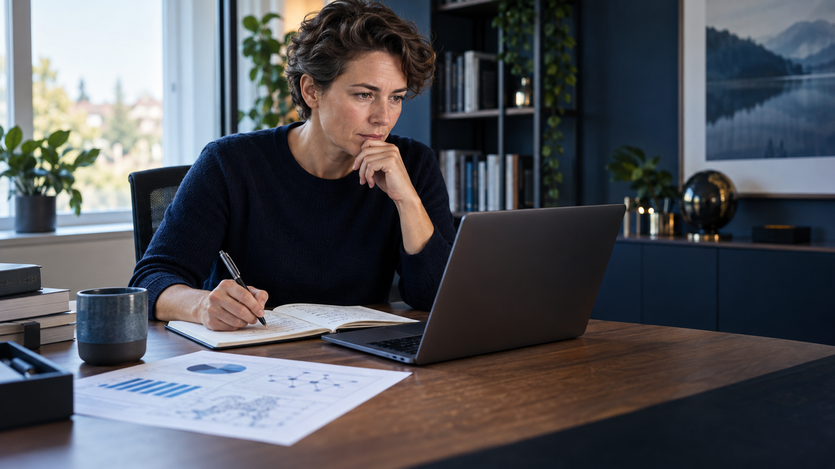 Berufserfahrene MBA-Interessentin liest einen wissenschaftlichen Fachartikel am Laptop und erstellt strukturierte Notizen