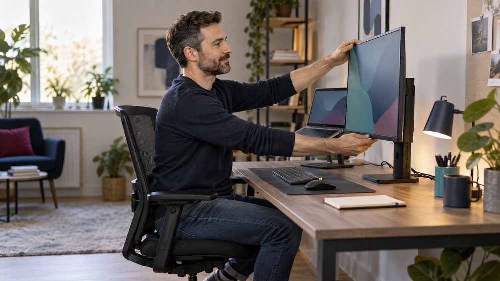 Berufstätiger Teilnehmer richtet den Bildschirm an seinem ergonomischen Lernplatz für eine Online-Weiterbildung aus