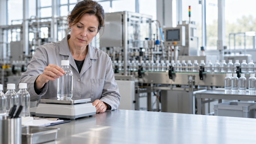 Qualitätsfachkraft kontrolliert in einer hellen Verpackungsfertigung eine unbeschriftete Flasche auf einer Laborwaage neben einer Abfülllinie.