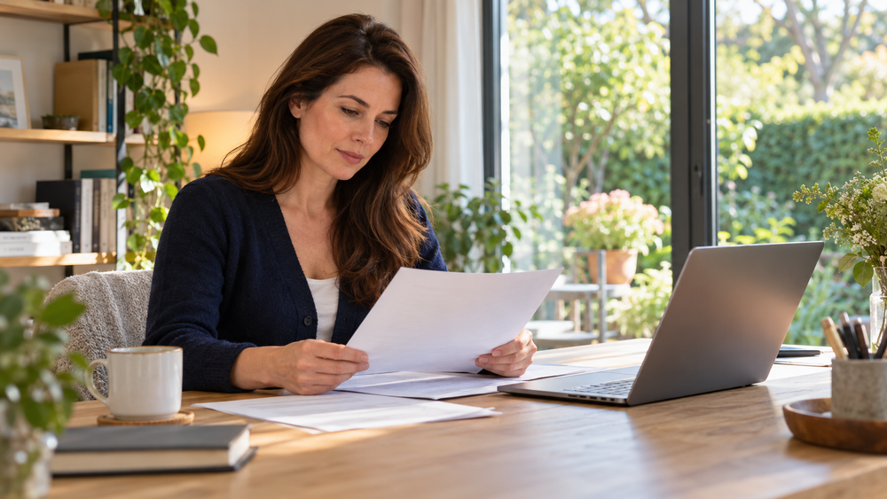 Berufstätige Frau mit langen kastanienbraunen Haaren und dunkelblauem Cardigan liest an einem hellen Tisch neutrale Kursunterlagen neben einem Notebook.