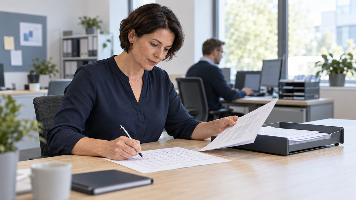 Qualitätskoordinatorin erfasst Abweichungen in einem Papierformular und vergleicht Dokumente an einem hellen Bürotisch.