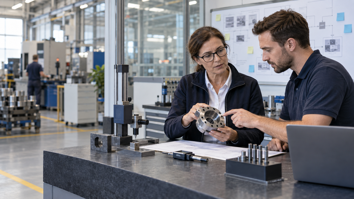 Eine Qualitätsmanagerin und ein Prozessingenieur untersuchen gemeinsam ein Metallbauteil für eine FMEA