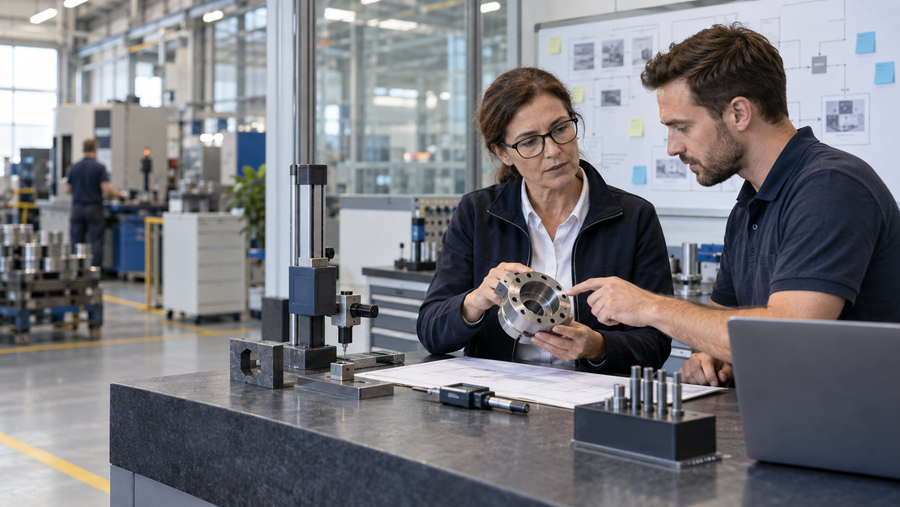 Eine Qualitätsmanagerin und ein Prozessingenieur untersuchen gemeinsam ein Metallbauteil für eine FMEA