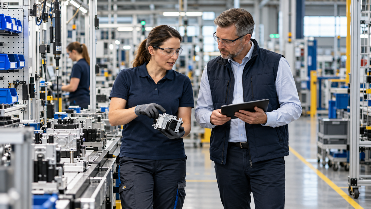 Qualitätsmanager und Prozessmitarbeiterin beobachten gemeinsam einen Montageablauf bei einem Gemba Walk
