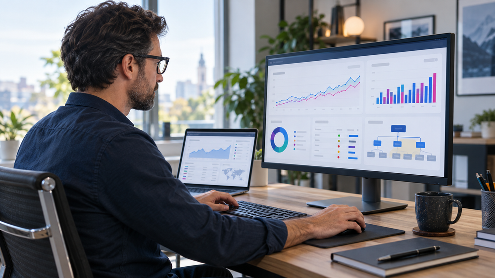 Marketing-Experte analysiert Website-Kennzahlen und eine Sitemap-Struktur an zwei Bildschirmen