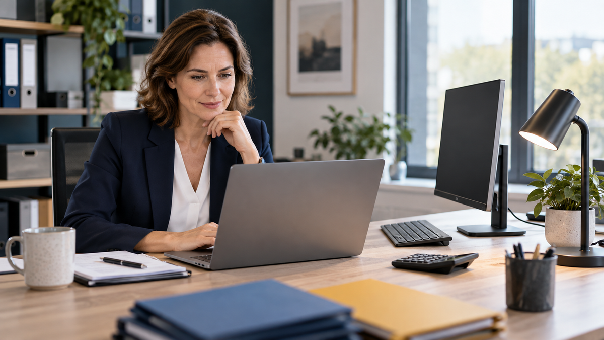 Buchhalterin prüft Laptop und Büroausstattung für die Einordnung als geringwertige Wirtschaftsgüter