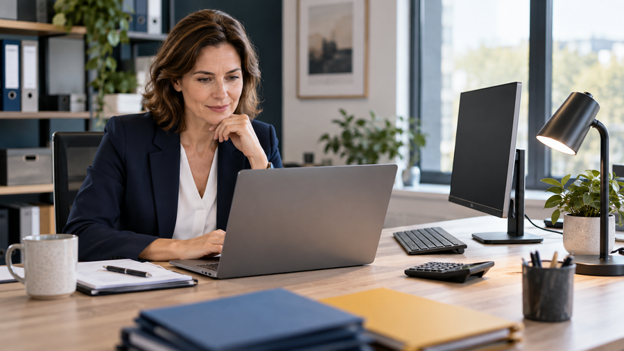 Buchhalterin prüft Laptop und Büroausstattung für die Einordnung als geringwertige Wirtschaftsgüter