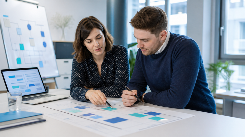 Personalreferentin und Kollege planen gemeinsam einen Personalentwicklungsprozess