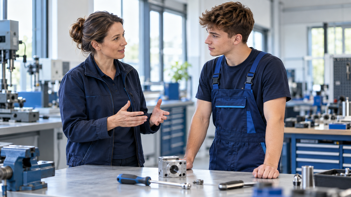 Ausbilderin und Auszubildender im Feedbackgespräch während der Probezeit in einer technischen Werkstatt
