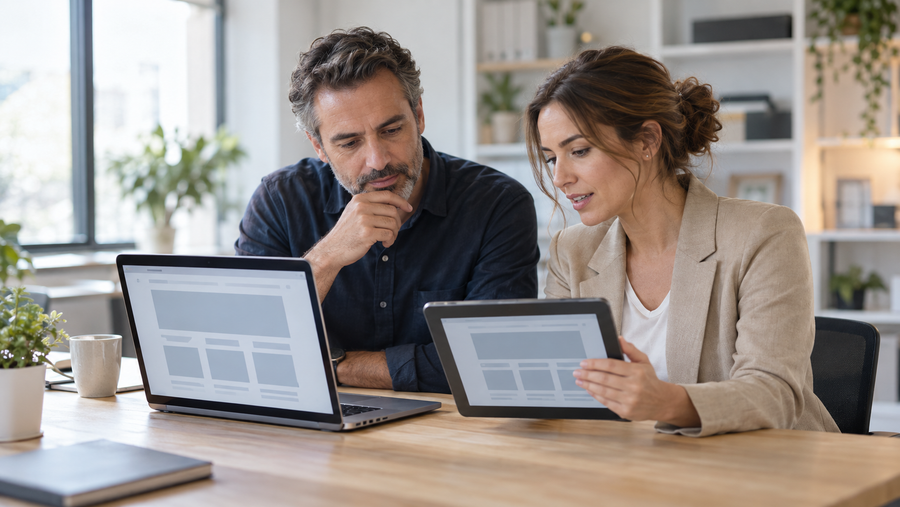Zwei Marketingfachkräfte vergleichen Webseitenentwürfe auf einem Laptop und einem Tablet an einem hellen Bürotisch.