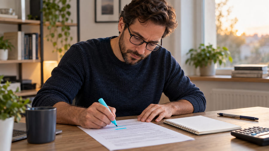 Prüfungsteilnehmer markiert wichtige Arbeitsaufträge in Übungsaufgaben für eine schriftliche IHK-Fortbildungsprüfung