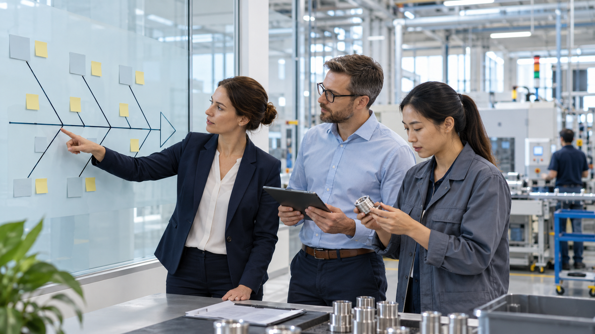 Qualitätsteam erstellt ein Ishikawa-Diagramm in einer modernen Produktion