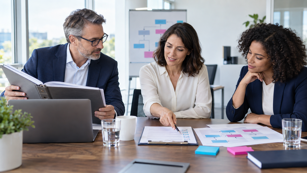 Qualitätsmanagement-Team prüft gemeinsam neue Anforderungen, Prozessunterlagen und eine Checkliste zur ISO 9001:2026