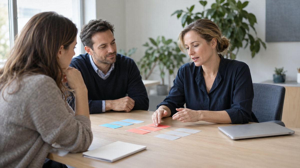 Drei Berufstätige diskutieren Kundenanforderungen anhand farbiger Karten in einem Qualitätsmanagement-Workshop.