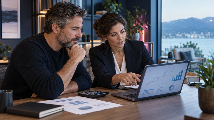 Berufserfahrener MBA-Interessent und Mentorin analysieren Investitionsszenarien am Laptop